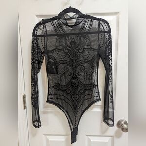 Gothic Sheer Black Lace Long-Sleeve Bat Design Bodysuit